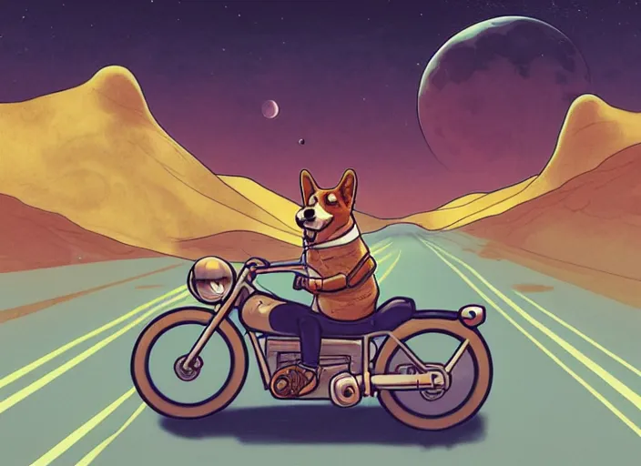 Prompt: a cell shaded cartoon corgi riding a motorcycle, with a big head, on a desert road, wide shot, in front of a big moon, muted colors, post grunge, josan gonzales, wlop, by james jean, victor ngai, hq, deviantart, art by artgerm