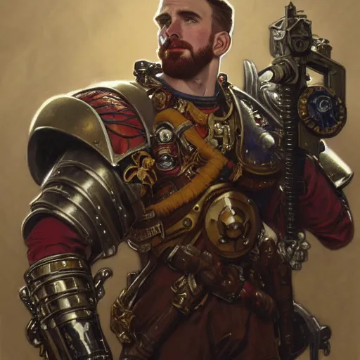 Image similar to full portrait of warhammer 4 0 k chris evans, fantasy, d & d, intricate, detailed, by by alphonse mucha, adolfo hohenstein, alice russell glenny, stanley artgerm lau, greg rutkowski, detailed, trending on artstation, trending on artstation, smooth