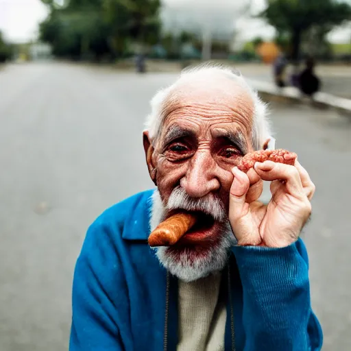 Image similar to An elderly man with a sausage for a nose, Canon EOS R3, f/1.4, ISO 200, 1/160s, 8K, RAW, unedited, symmetrical balance, in-frame