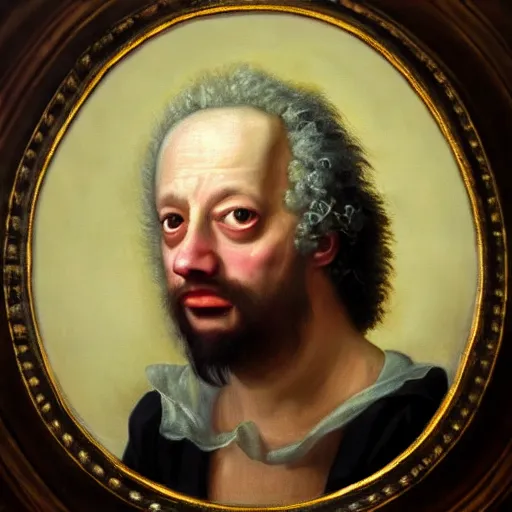 Image similar to A 17th century Baroque Painting of Gene Ween, grainy, realistic, hyperrealistic, very realistic, very very realistic, highly detailed, very detailed, extremely detailed, detailed, digital art, trending on artstation, detailed face, very detailed face, very detailed face, realism, HD Quality, 8k resolution, intricate details, body and head in frame, painting, oil painting, trending on deviantart, Baroque Painting