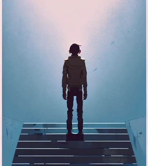 Image similar to a prince standing on the stairs to the throne by atey ghailan, by greg rutkowski, by greg tocchini, by james gilleard, by joe fenton, by kaethe butcher, dynamic lighting, gradient light blue, brown, blonde cream and white color scheme, grunge aesthetic