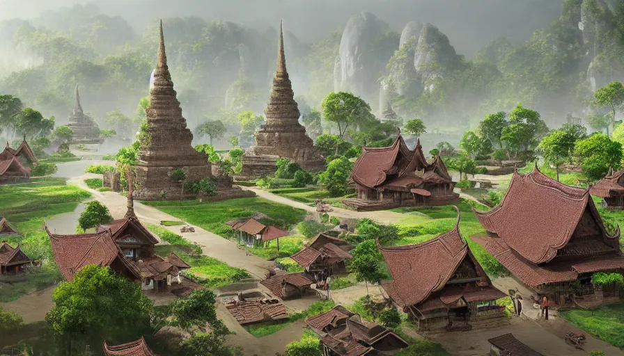 Prompt: matte painting of a beautiful sukhothai village, digital art, trending on artstation