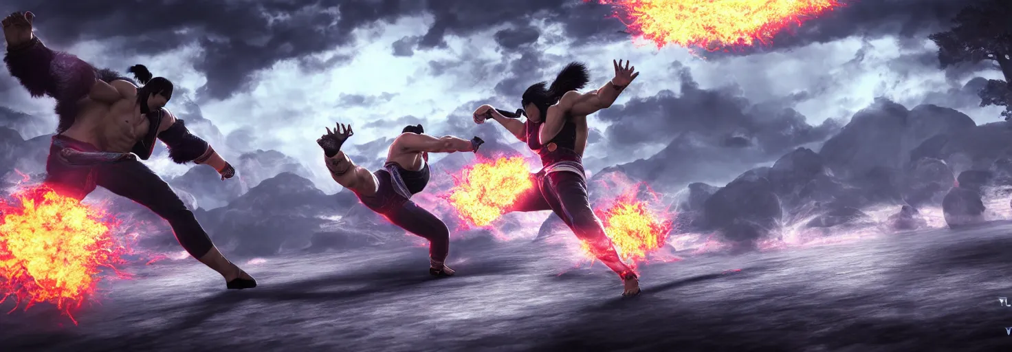 Image similar to tekken 3 location for duel atte painting, thunder, firestorm, gray color scheme, v - ray, houdini, blue, purple omnious sky, by hokusai, google, artstation