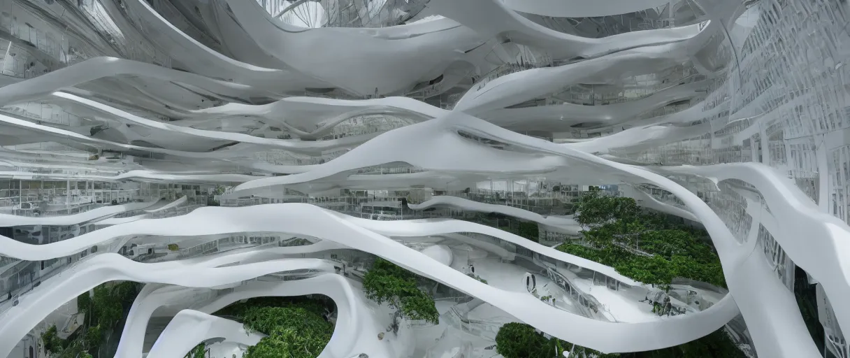 Prompt: movie still 4 k uhd 3 5 mm film color photograph of a clean white futuristic architecture minimal biology lab full of plants, foster + partners, zaha hadid