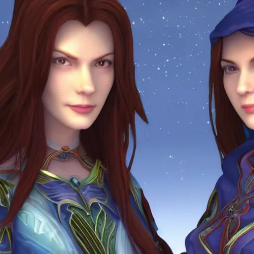 Image similar to two identical beautiful female mages standing face to face, full of detail