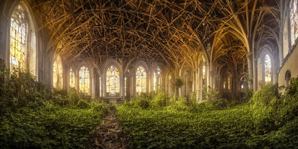 Image similar to Wide angle photograph of the inside of an abandoned cathedral, with a broken roof and overgrown with vines and bushes, cinematic lighting, epic scene, dramatic lighting, evening light, sunset, golden hour, fuji velvia, Flickr, national geographic, taken by Daniel Kordan