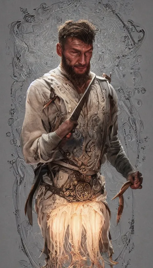 Image similar to peasent, clint wastwood as the butcher, fibonacci, sweat drops, intricate fashion clothing, insane, intricate, highly detailed, surrealistic, digital painting, artstation, concept art, smooth, sharp focus, illustration, Unreal Engine 5, 8K, art by artgerm and greg rutkowski and alphonse mucha