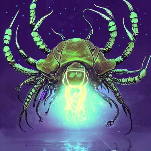 Prompt: lovecraft, migo, fungoid crab with wings, glowing head, flying, night sky, eldritch, highly detailed, digital painting, artstation, concept art, matte, sharp focus, illustration