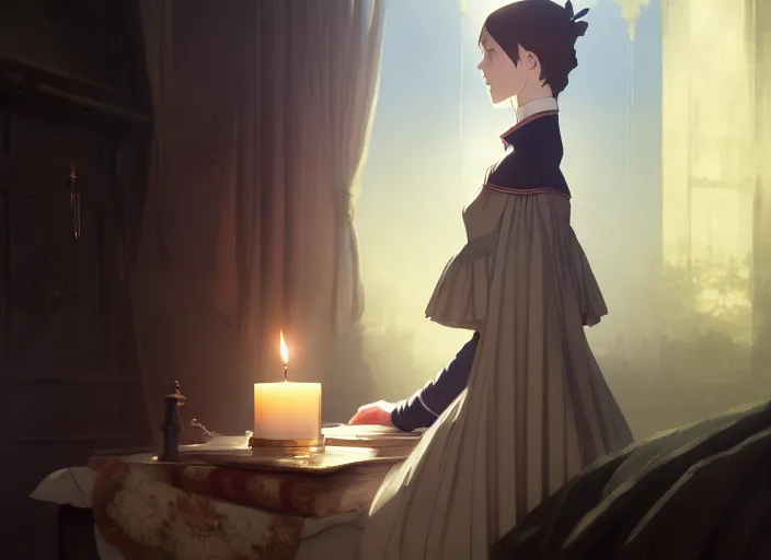 Prompt: victorian britain 1 8 3 6, 1 6 year old florence nightingale, has a vision from god, dream like, night, single candle, luxurious bedroom, finely detailed perfect art, gapmoe yandere grimdark, trending on pixiv fanbox, painted by greg rutkowski makoto shinkai takashi takeuchi studio ghibli