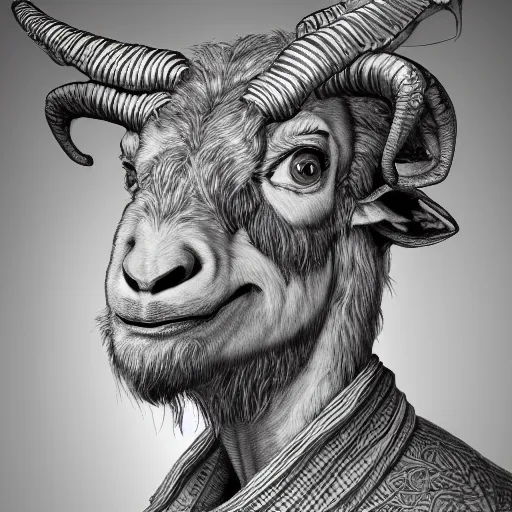 Image similar to studio portrait of the anthropomorphic goat man, a humble thief super fine surreal detailed face illustration by kim jung gi, iraq nadar, intricate lines, clear focus, vivid colors, matte, octopath voyager, skyrim, unreal engine highly rendered, radiant light, intricate, trending