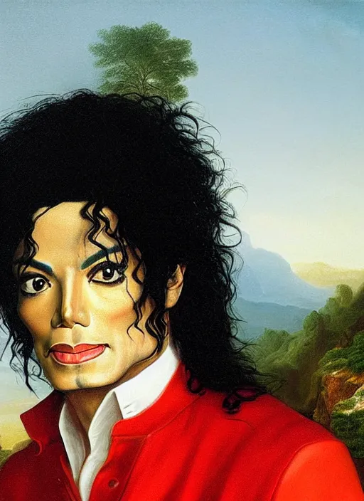 Prompt: individual portrait of michael jackson standing against a thomas cole naturalist style backdrop of mount olympus, michael jackson