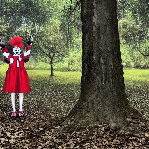 Prompt: clowns hiding behind trees trailcam 4 k hyper realistic night