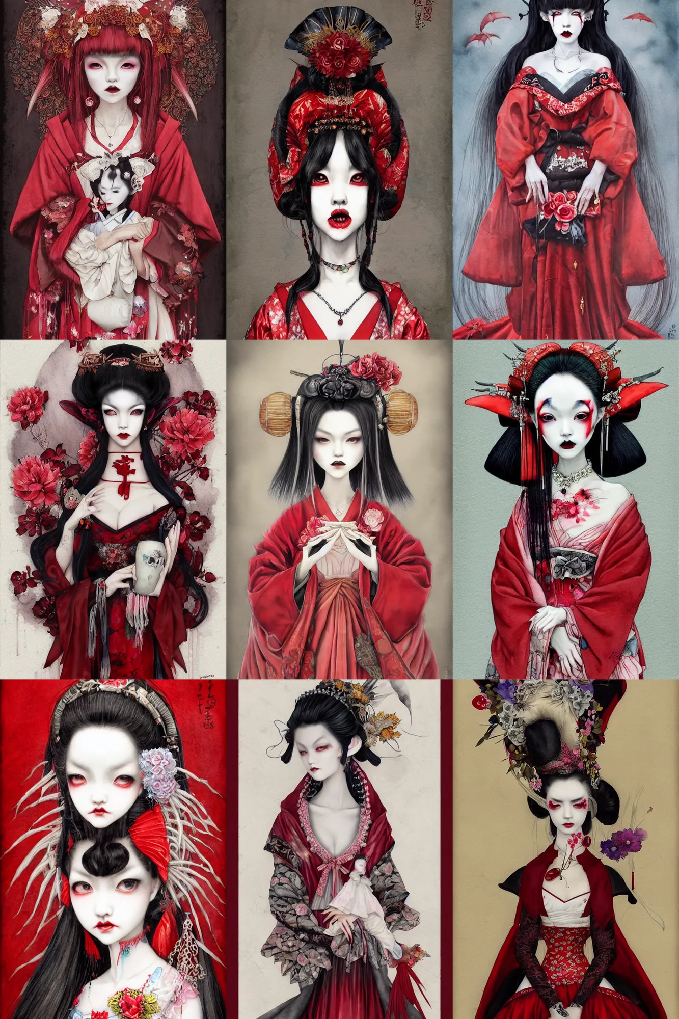 Prompt: watercolor painting of a japanese bjd geisha vampire queen with a long neck in a victorian lolita fashion red dress in the style of dark - fantasy painted by tom bagshaw, amy sol, nekro, dmt art, symmetrical vogue face portrait, intricate detail, artstation, cgsociety, artgerm, rococo