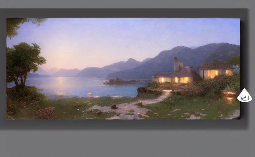 Image similar to small modern cottage overlooking the ocean, close up shot, at dusk, distant mountains, 4k, rule of thirds, extreme detail, hazy water, intricate ink illustration, trending on artstation, cgsociety, hd, calm, complimentary colours, realistic lighting, by Albert Bierstadt, Frederic Edwin Church.