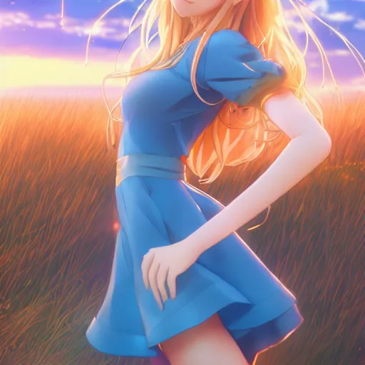 Image similar to a very beautiful anime girl, full body, long wavy blond hair, sky blue eyes, full round face, short smile, golden dress, summer lake setting, cinematic lightning, medium shot, mid-shot, highly detailed, trending on Artstation, Unreal Engine 4k, cinematic wallpaper by Stanley Artgerm Lau, WLOP, Rossdraws, James Jean, Andrei Riabovitchev, Marc Simonetti, and Sakimichan