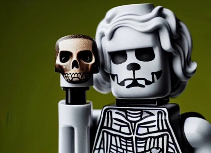 Prompt: product photo still of hamlet holding a skull best the open grave lego playset, 8 k, 1 2 0 mm macro, f 1. 8, studio lighting, key light