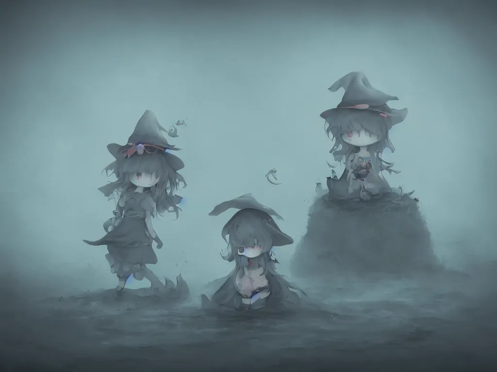 Image similar to cute fumo plush girl witch on a tiny island surrounded by murky river water, river styx, cursed otherworldly chibi gothic horror wraith maiden, lost in the milky void, hazy heavy magical glowing swirling murky volumetric fog and smoke, concrete brutalist ruins, moonglow, lens flare, vray