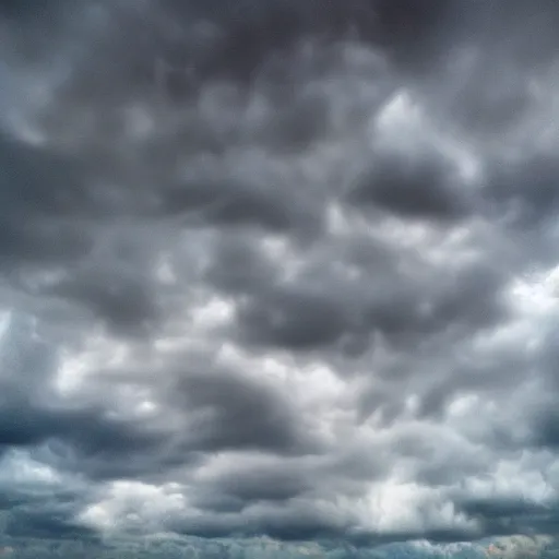 Image similar to the clouds in the sky take the shape of a woman face made of puffy clouds storm photoreal octane grey