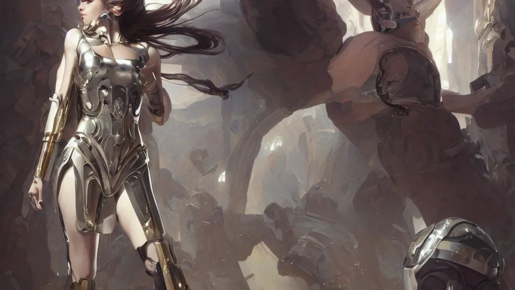 Image similar to modern elegant female cyborg greek goddess, space opera, feminine, powerful, beautiful, upper body, muscular, platinum crystal armour, highly detailed, digital painting, ghibli animated film, volumetric lighting, octane render artstation, concept art, smooth, sharp focus, illustration, by gaston bussiere, mucha, gerome, craig mullins, greg rutkowski, john singer sargent