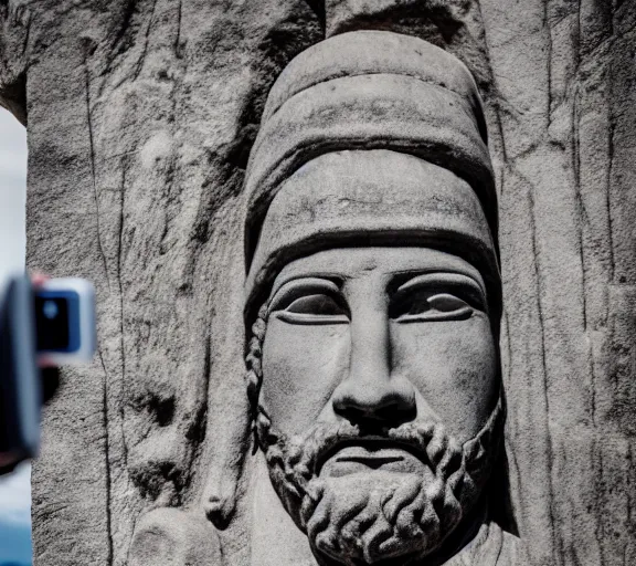 Image similar to biblical moses taking a selfie with the ten commandments on a mountain XF IQ4, 150MP, 50mm, F1.4, ISO 200, 1/160s, natural light