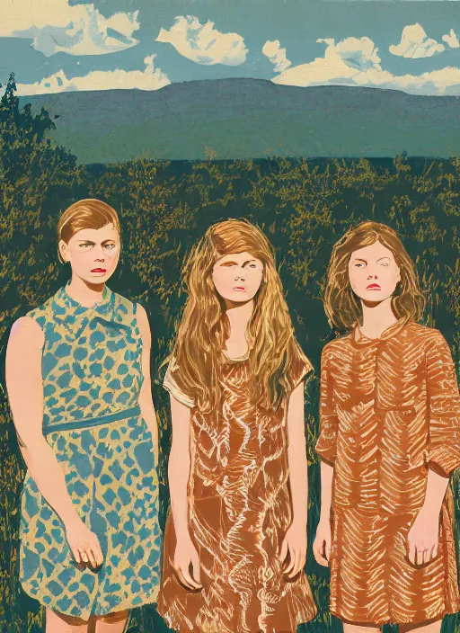 Image similar to composition by justine kurland, a zoomed out portrait of 3 beautiful tan skinned light brown hair girls in different pattern dresses in a scenic representation of mother nature and the meaning of life by billy childish, thick visible brush strokes, shadowy landscape painting in the background by beal gifford, vintage postcard illustration, minimalist cover art by mitchell hooks