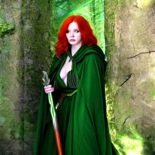 Image similar to a beautiful redheaded dnd sorceress wearing a green cloak, high resolution film still, 8k, HDR colors