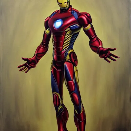 Image similar to death-camp-survivor-super-skinny-emaciated-horribly-skinny-Laughing-Cheerfully-Iron-Man painting by Thomas-Montacellinio