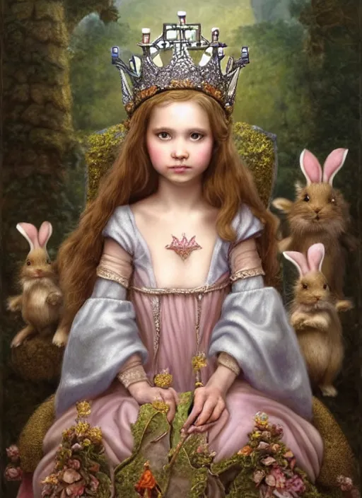 Image similar to highly detailed closeup portrait of a fairytale medieval princess wearing a crown and sitting on a throne, surrounded by cute bunnies, unreal engine, nicoletta ceccoli, mark ryden, earl norem, lostfish, global illumination, god rays, detailed and intricate environment