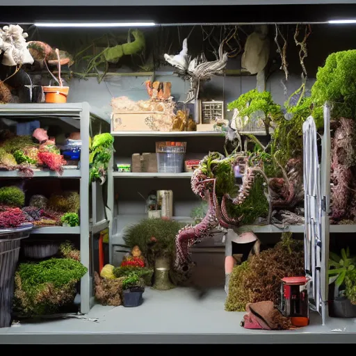 Image similar to garage with carnivorous plants on the shelves and packing peanuts on the floor, scene from tv show hyper detailed 5 5 mm 8 5 mm, low - light photography by tyler mitchell, made out of plastic