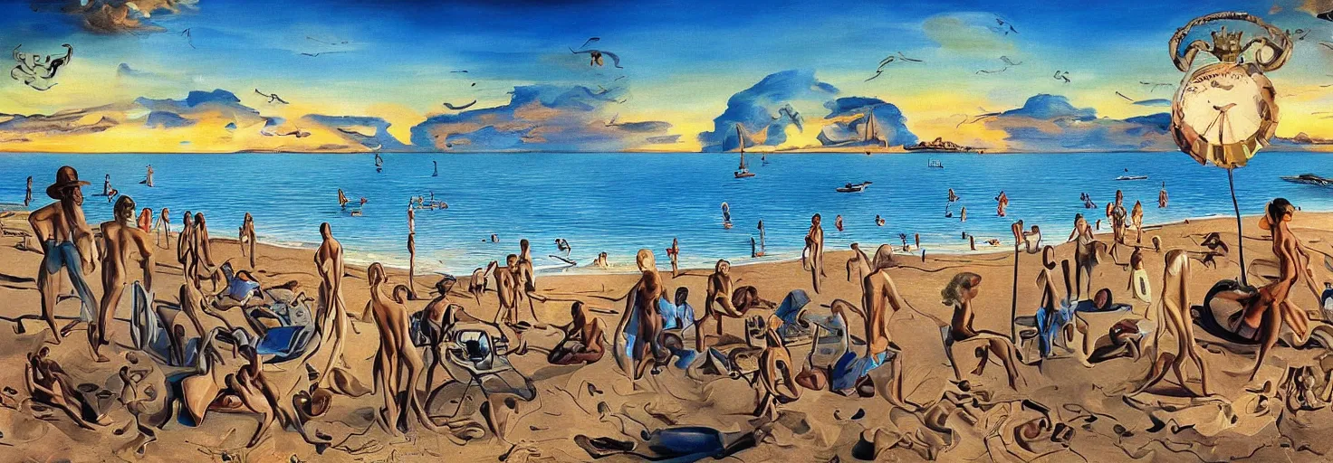 Image similar to People in beach by Salvador Dali and Bob Ross collaboration, mural, sun set, digital art, high details