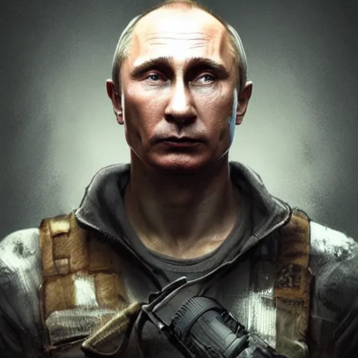 Image similar to Vladimir Putin as Aiden Caldwell character from Dying Light 2 Stay Human, portrait, highly detailed, digital painting, artstation, concept art, smooth, sharp focus, illustration, cinematic lighting, art by artgerm and greg rutkowski and alphonse mucha