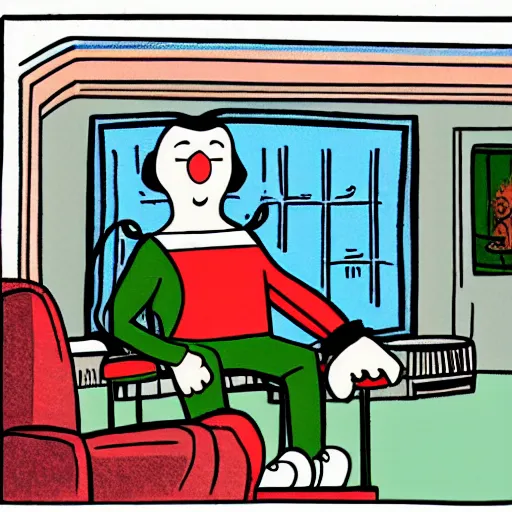 Image similar to illustration of the greek god eros who is a clown, has hurt his knee and sitting in a chair and is watching the game on tv with a beer in hand, by chris ware