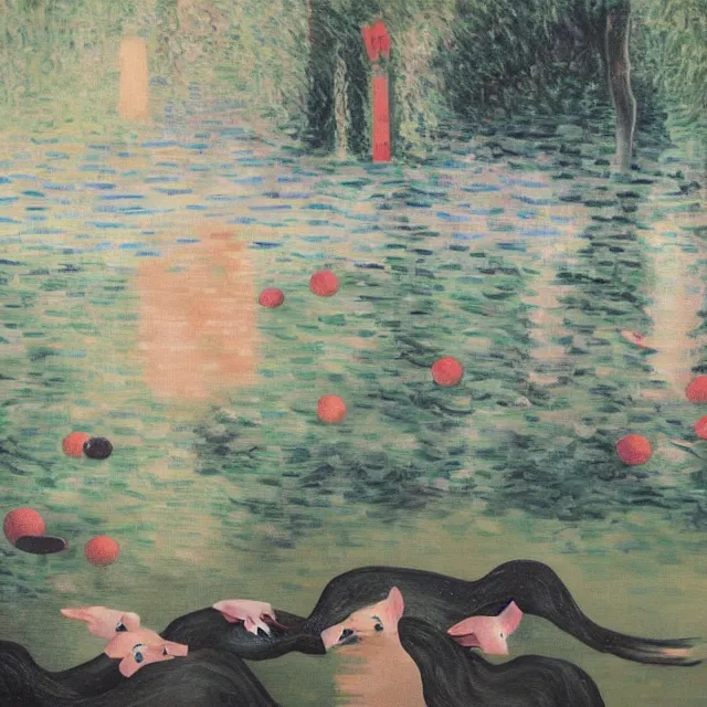 Image similar to painting of flood waters inside an art gallery, female emo art student, a river flooding indoors, pomegranates, pigs, ikebana, water, octopus, river, rapids, waterfall, black swans, canoe, berries, acrylic on canvas, surrealist, by magritte and monet