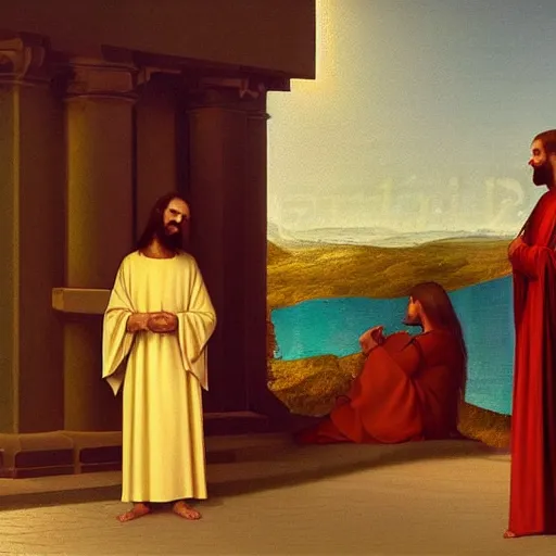 Prompt: jesus christ preaching to vladmir putin, photorealistic frame hanging on the wall, ultra-realistic in the colourful style of leonardo da vinci artstation hd oil painting and edward hooper, renaissance painting