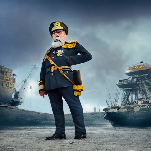 Image similar to a old man in officer suit of russian empire, gray hair and beard, giant yellow dieselpunk ship on background, colored, photorealistic, high detailed, smooth, sharp focus, real life photo, face details, highfleet, 4 k