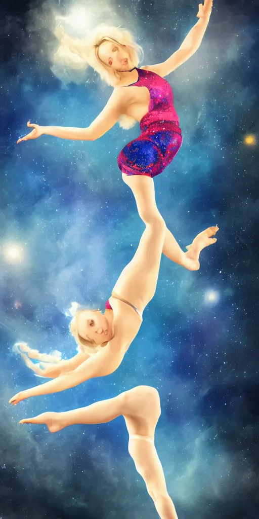 Image similar to painting of a short hair blond girl doing Aerial dance, blue cloth, cosmic, 8k, volumetric light, beautiful anime art style, stylised