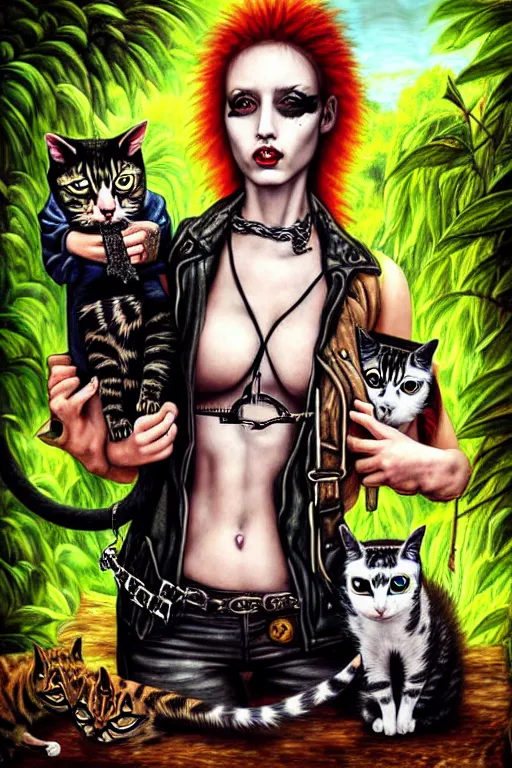 Prompt: punk rock girls making selfie with cats in jungle , mad max jacket, post apocalyptic, renaissance, oil painting like Leonardo Da Vinci, hyper realistic style, fantasy by Olga Fedorova,