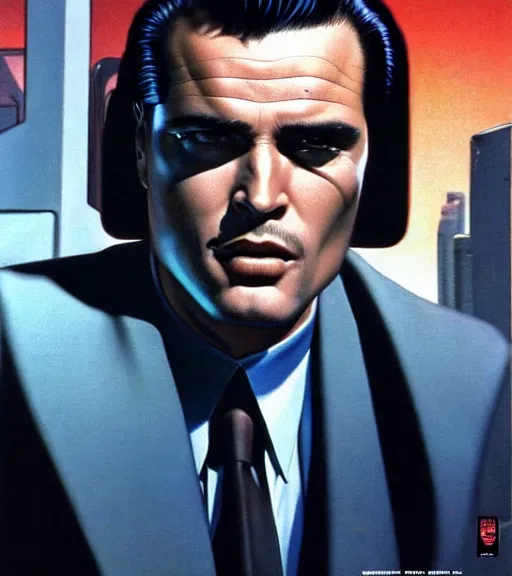 Prompt: a beaten up cyberpunk mafia boss in a suit with slicked back black hair played by marlon brando staring at the camera, 1 9 7 9 omni magazine cover, style by vincent di fate, artgerm, very coherent, detailed, 4 k resolution, dark, unreal engine, daz