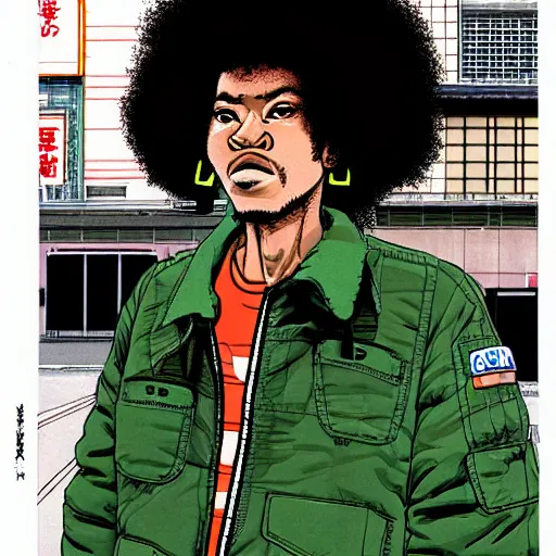 Image similar to illustration by katsuhiro otomo, black man with afro hair, stubble, wearing an adidas army green jacket, in the streets of tokyo, akira style, by katsuhiro otomo