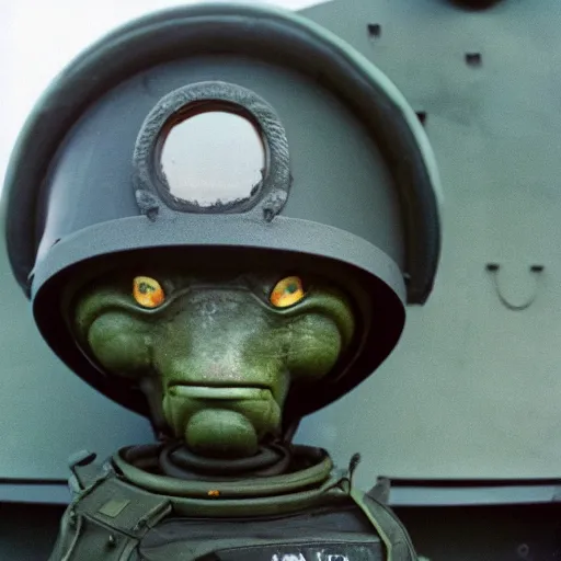 Image similar to the alien is photographed against the background of the t - 3 4 tank, top secret style, realistic photo, cinestill 8 0 0 t, 1 9 7 0 s, color