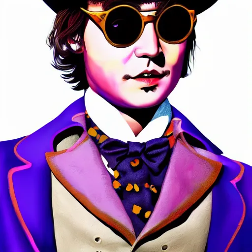 Image similar to portrait of young johnny depp as willy wonka, highly detailed, centered, solid color background, digital painting