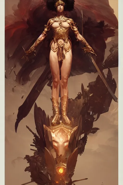 Image similar to goddess of war, accurate anatomy, only two hands, highly detailed, digital painting, artstation, concept art, smooth, sharp focus, illustration, Unreal Engine 5, 8K, art by Ross Tran and greg rutkowski and alphonse Mucha