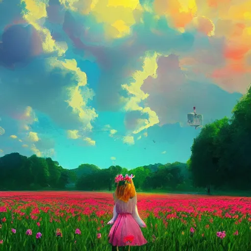 Image similar to large rose face, girl floating in a flower field, surreal photography, sunrise dramatic light, impressionist painting, colorful clouds, digital painting, artstation, simon stalenhag