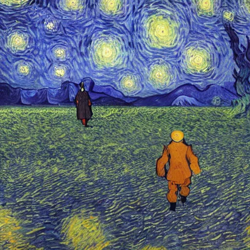 Image similar to weary traveller wandering through an alien world, by van gogh, 4 k, beautiful, cinematic dramatic