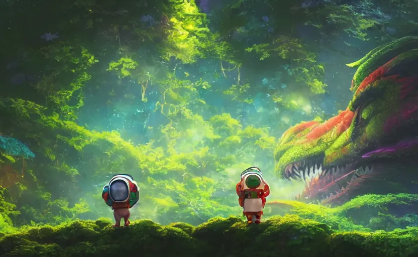 Prompt: a still of a cute adorable tiny astronaut, on a planet of lush colorful foliage, with an enormous kaiju dragon in the background, magical forest, sharp focus, neon backlit, highly detailed, disney pixar studio ghibli makoto shinkai, digital painting, matte, octane render, global illumination, iridescent, anime, 8 k concept art