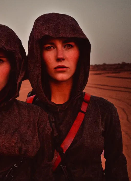 Image similar to cinestill 5 0 d photographic portrait of two sultry loving female androids wearing rugged black techwear on a desolate plain with a red sky, extreme closeup, cyberpunk style, garters, dust storm, 8 k, hd, high resolution, 3 5 mm, f / 3 2, ultra realistic faces, ex machina