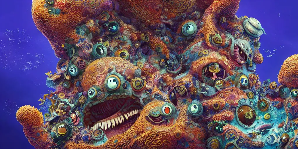 Image similar to of an intricate sea reef with strange cute friendly happy creatures with huge eyes, mouth, long tongue, round teeth and goofy face, appearing from the background, in the style of gehry and gaudi, macro lens, shallow depth of field, ultra detailed, digital painting, trending artstation, concept art, illustration, cinematic lighting, photorealism, epic, octane render