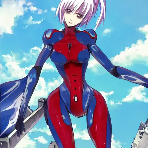 Image similar to anime art, anime fullbody shot of female rei ayanami, long blue hair and large eyes, finely detailed perfect face, in a modern skintight plugsuit, laying on a rooftop, flooded metropolis in ruins, red sea, trending on pixiv fanbox, evangelion, extremely high quality artwork by ilya kuvshinov