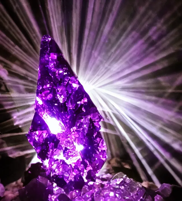 Prompt: luminous punisher symbol deep purple crystal growing in a cave with smoke and light rays.