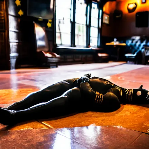 Image similar to batman lying on the floor in a pub, 8 k photography, golden hour